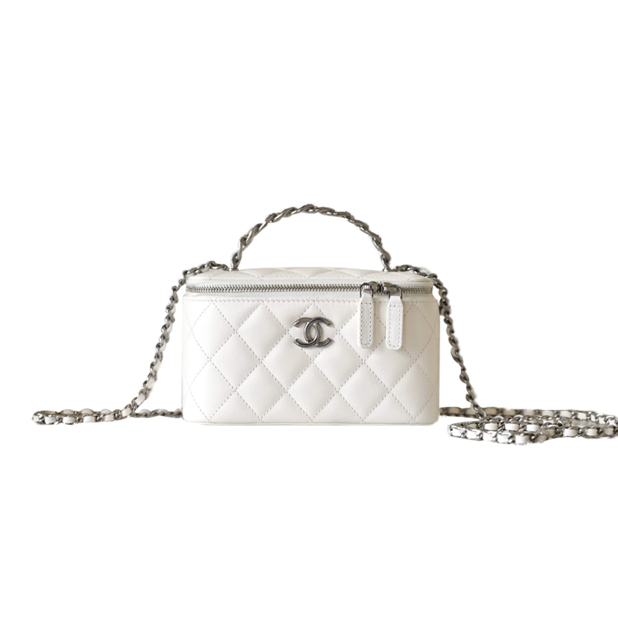 CHANEL MASTER SHINY CALFSKIN QUILTED SMALL CRYSTAL TOP HANDLE VANITY CASE WITH CHAIN ​​WHITE A96030 (17*9.5*7.8cm)